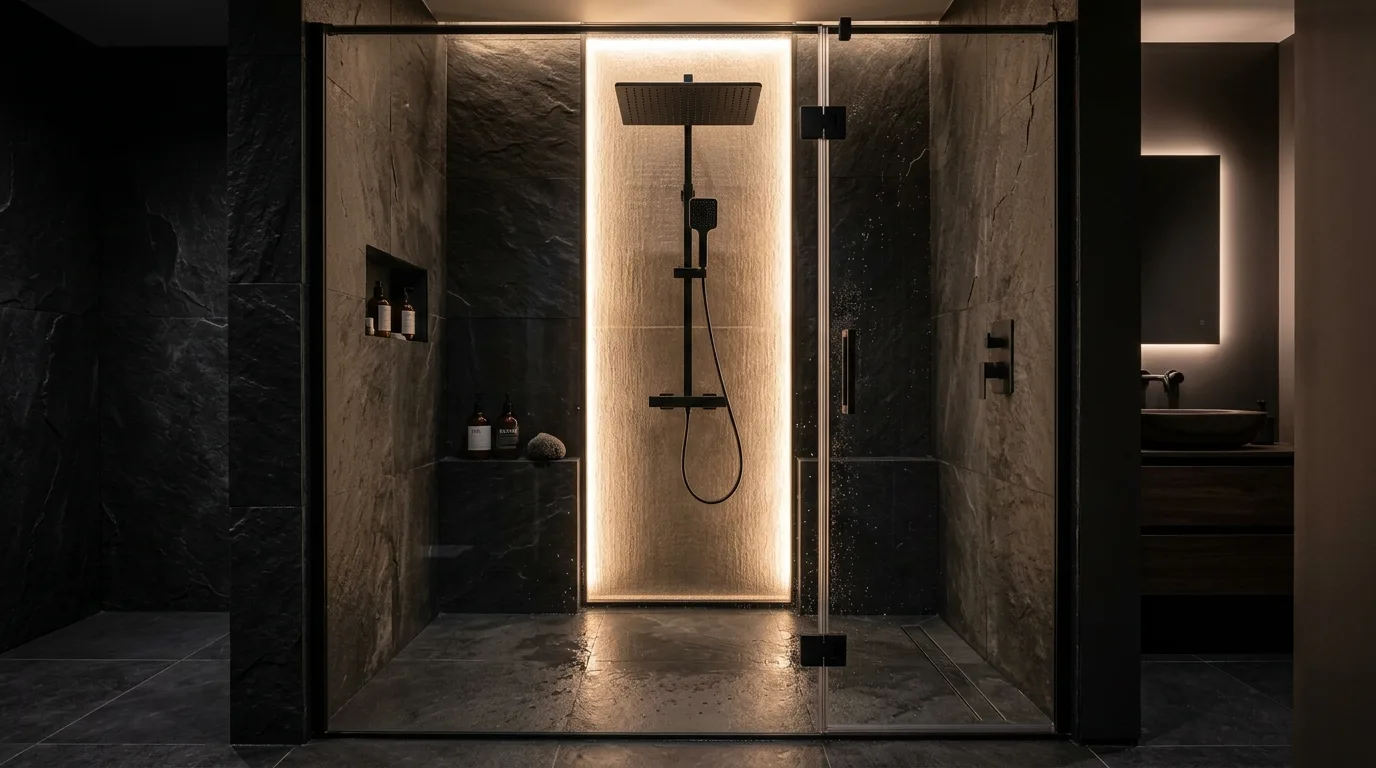 Make the shower feel like a moody spa inspiration for a black bathroom.